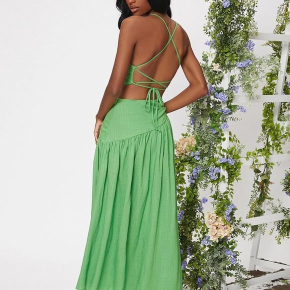 Green Boho Womens Criss Cross Lace Up Backless Cut Out Ruched Ruffle Hem Dress - Picture 2 of 5